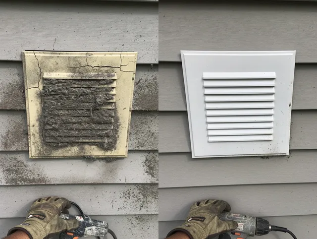 Bell Gardens Dryer Vent Cleaning technician installing high-quality dryer vent cover at a residential property in Bell Gardens